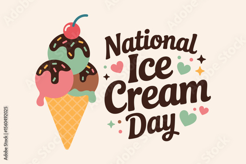 National ice cream day celebration design with double scoop cone and chocolate topping for summer treat print  