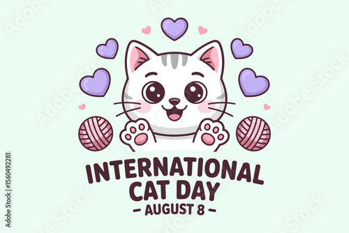 White kitten kawaii badge with yarn icons and paw prints for international cat day august 8 animal sticker  