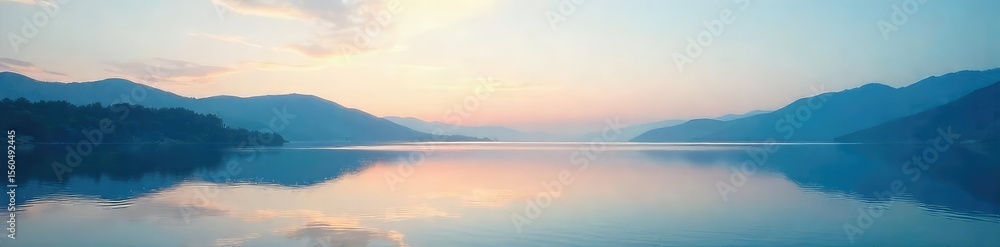Fototapeta premium Serene Still Lake Landscape Tranquil Water Reflecting Calm Sky, Perfect for Mindfulness, Meditation, and Stress Relief