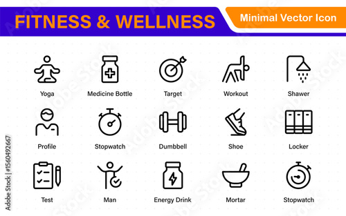 Set of fitness and wellness related line icons, wellbeing, mental health, healthcare, cosmetics, spa, medical. Outline icon collection.
