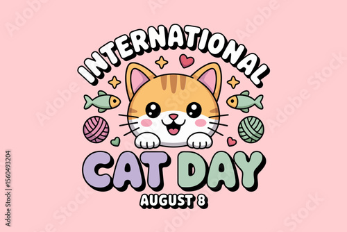 Cute orange cat kawaii vector with stars for international cat day august 8 pet lovers celebration design  