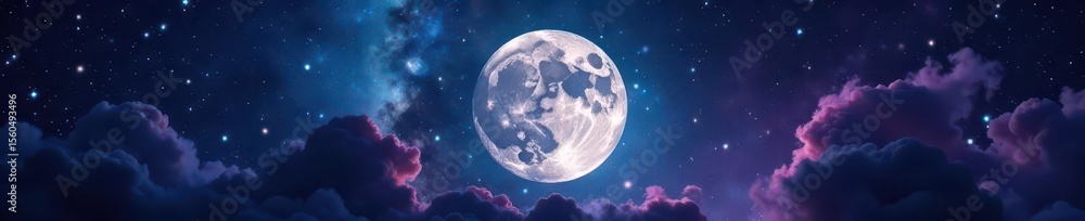 Obraz premium Full moon dominates starry night, cosmic nebulae swirl , milky way, space