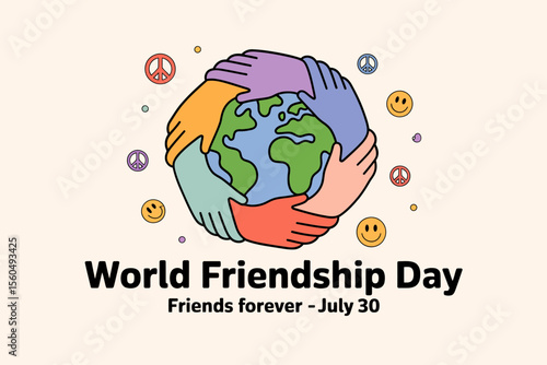 World friendship day badge with globe and hearts celebrating unity and love for july 30 togetherness event  