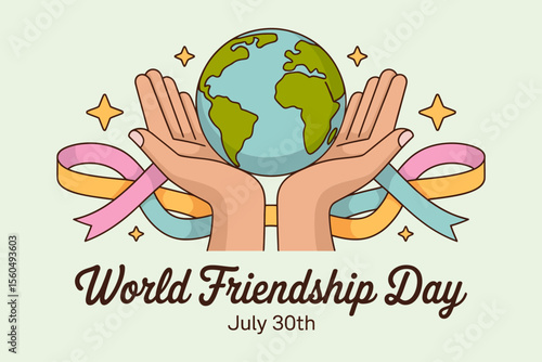 Ribbon and hand holding globe style art for july 30 world friendship day awareness or peaceful unity theme  