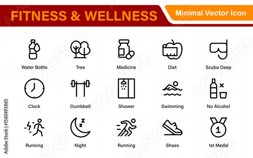 Set of fitness and wellness related line icons, wellbeing, mental health, healthcare, cosmetics, spa, medical. Outline icon collection.
