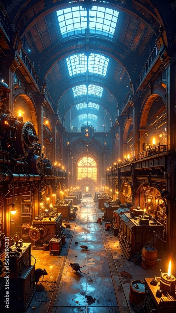 Fototapeta premium Steampunk Warehouse with Sparking Wires and Scurrying Rats