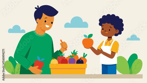 A child picking out colorful fruits and vegetables at a farmers market with a parent by their side explaining the importance of including a variety of nutrients in their diet for a. Vector