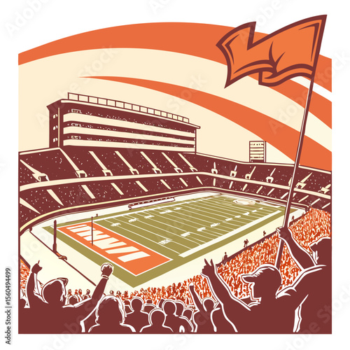 A vibrant illustration of a packed football stadium with fans cheering and waving a large orange flag