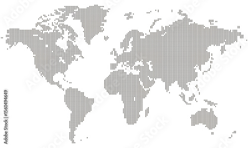Abstract vertical line shape dotted world map with pixelated continents. A modern global vector illustration of earth and geography. Perfect for infographic and cyberspace design.