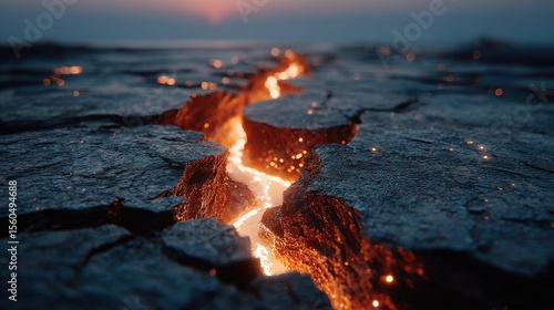 Molten crack in the earth with a sunset in the distance