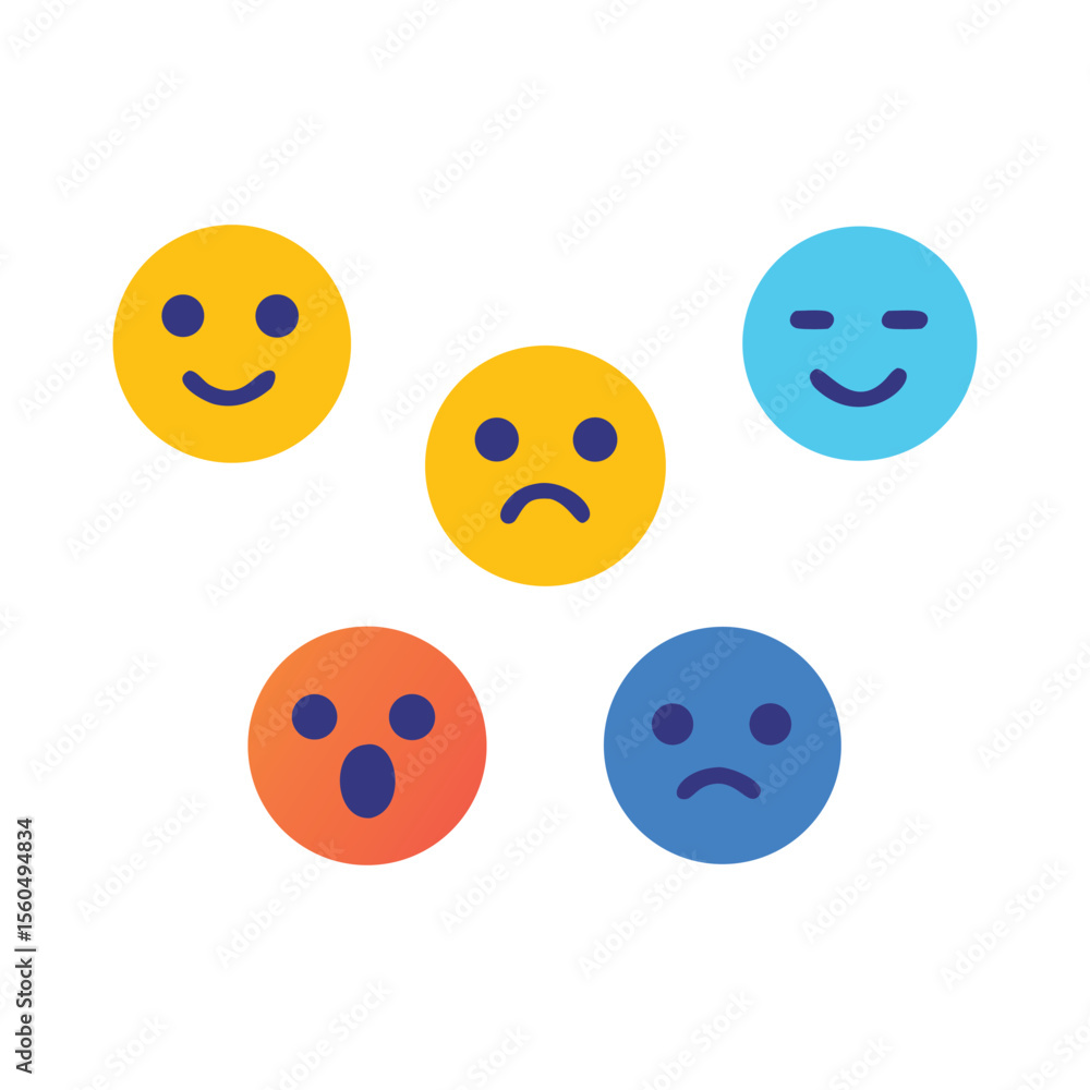 Fototapeta premium Colorful Emoji Faces Vector - Happy, Sad, Angry, Surprised, Calm Expressions Icons Set