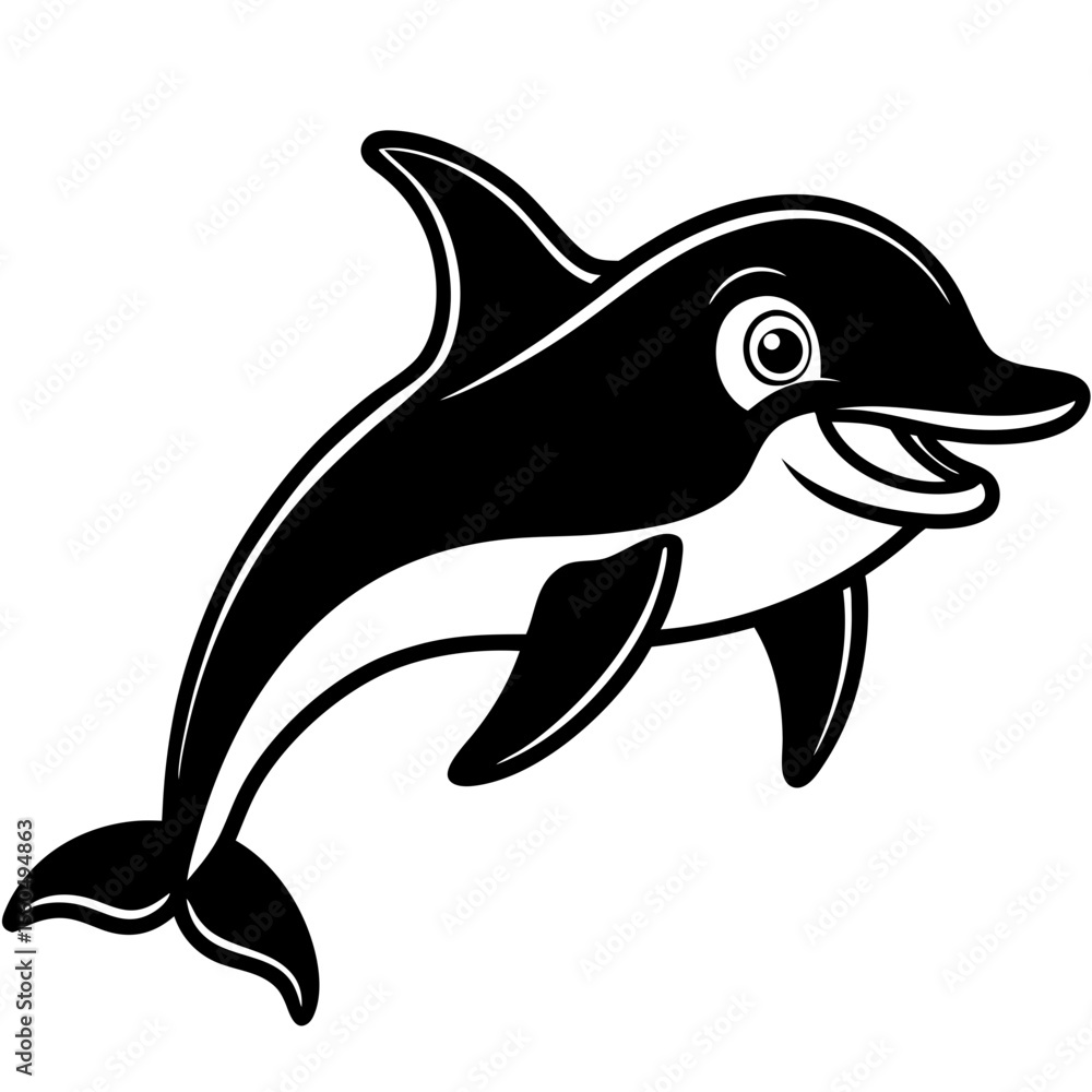 Obraz premium Happy cartoon black and white dolphin jumping and smiling
