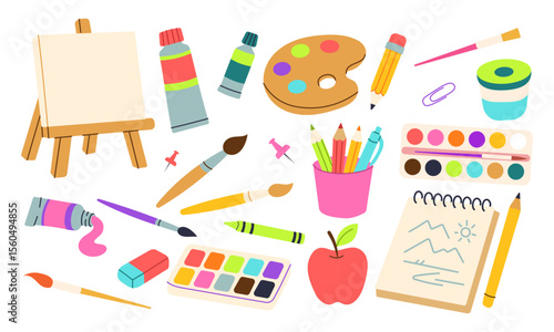 A collection of art supplies including a paintbrush, a pencil, a marker, a paint palette, a paint tube, a paintbrush holder, a paintbrush, a pencil, a pen, a notebook, and an apple