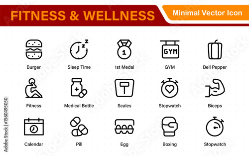 Set of fitness and wellness related line icons, wellbeing, mental health, healthcare, cosmetics, spa, medical. Outline icon collection.