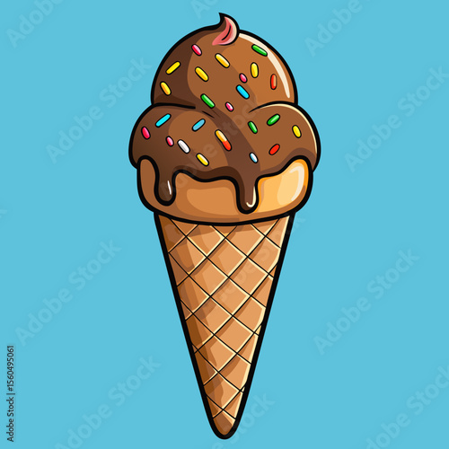Delicious chocolate ice cream cone with colorful sprinkles and fudge topping