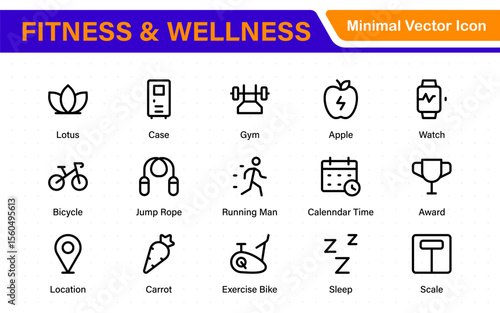 Set of fitness and wellness related line icons, wellbeing, mental health, healthcare, cosmetics, spa, medical. Outline icon collection.