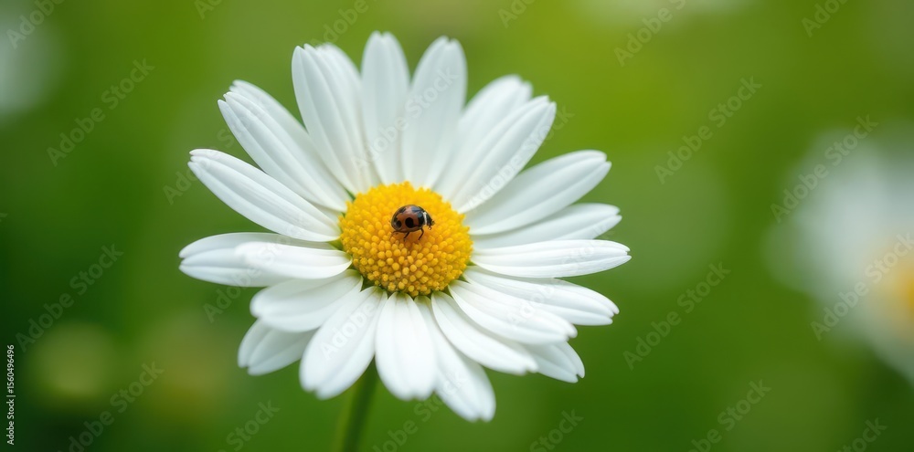 Fototapeta premium A single white daisy flower with a tiny black ladybug on its center, daisy, petals