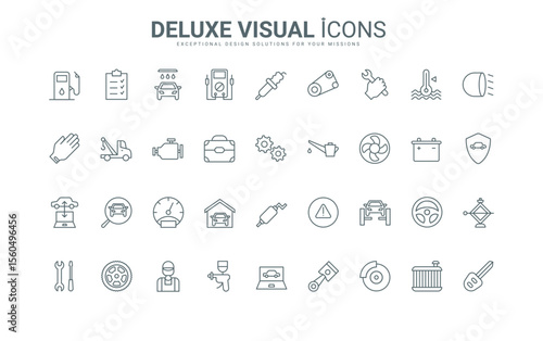Outline symbols of garage and auto shop, work of mechanics and technicians, tow truck and battery of vehicle. Car repair and maintenance service thin black and red line icons set vector illustration.