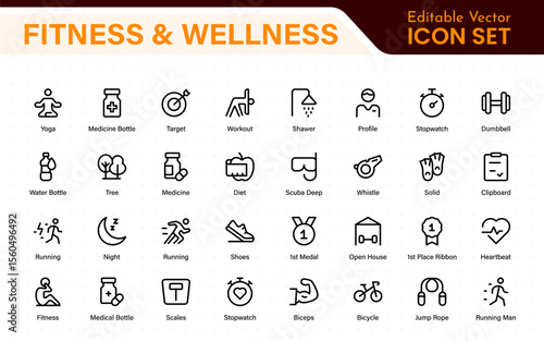 Set of fitness and wellness related line icons, wellbeing, mental health, healthcare, cosmetics, spa, medical. Outline icon collection.