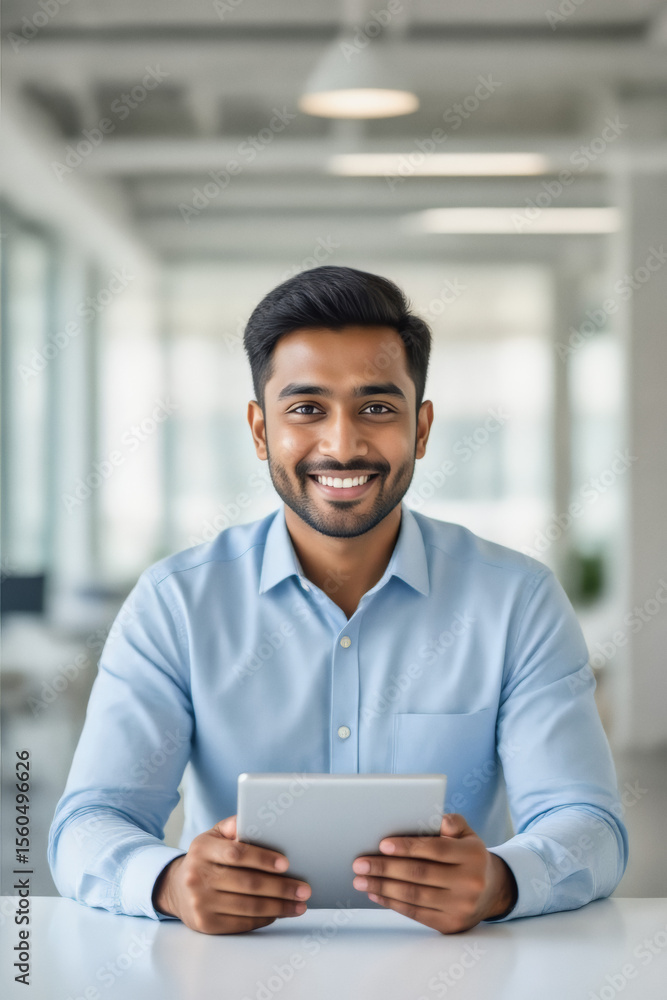 A smiling young man with dark hair and a beard confidently holds a tablet while seated in a modern office setting. A smiling young man with dark hair and a beard confidently holds a tablet while seated in a modern office setting.
