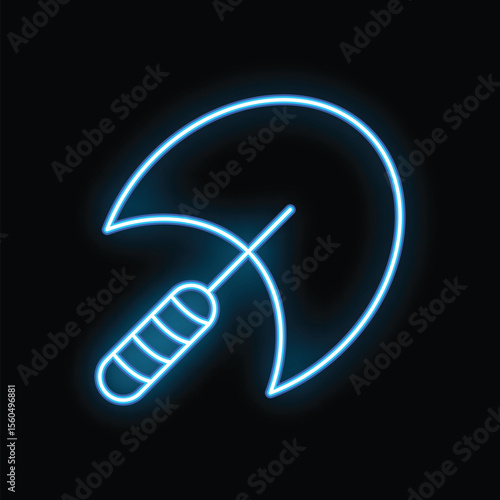 Neon blue sickle icon glowing against a black wall background
