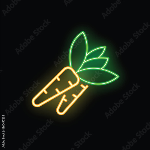 Glowing neon sign showing two carrots with leaves, isolated on a black background