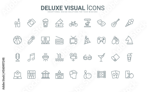 Outline public museum and cinema theater symbols, fun music party and show, ticket for movie and microphone. Entertainment event, leisure thin black and red line icons set vector illustration.