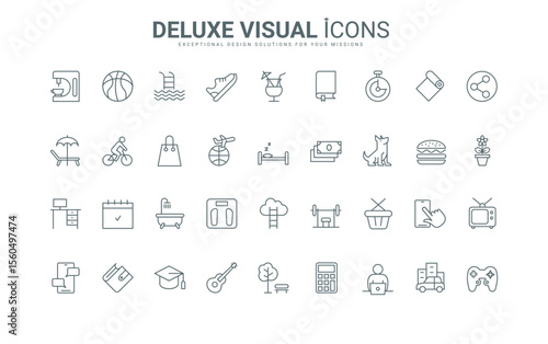 Everyday routine at home and work task in office, music and walk with dog, lifestyle collection of thin black and red outline symbols, car travel vector illustration. Daily life planner line icons set