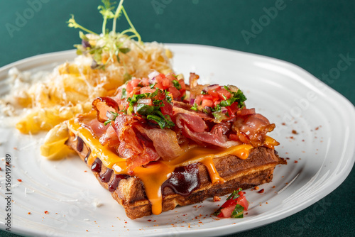 Murais de parede Close-up of a savory waffle topped with melted cheddar, crispy bacon, fresh salsa, served with cheesy fries and microgreens on a white plate