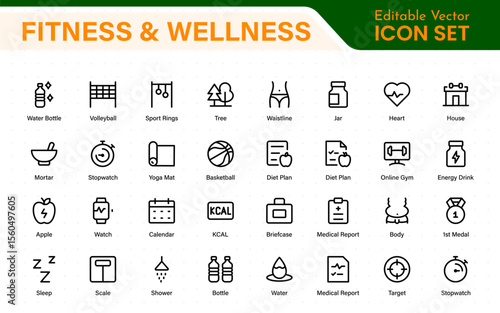 Set of fitness and wellness related line icons, wellbeing, mental health, healthcare, cosmetics, spa, medical. Outline icon collection.