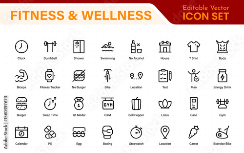 Set of fitness and wellness related line icons, wellbeing, mental health, healthcare, cosmetics, spa, medical. Outline icon collection.