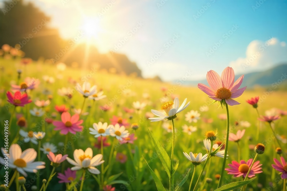 Obraz premium Sun-Drenched Wildflowers Gently Swaying in a Breeze A Serene Field Evoking Joy and Contentment