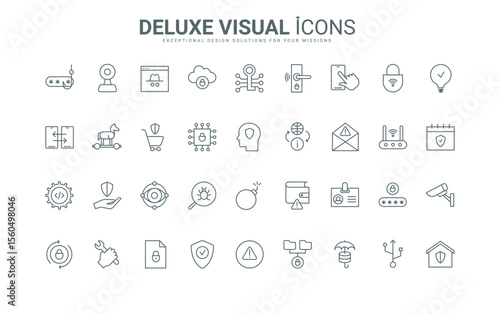 Outline cybersecurity symbols, protection of server or phone from fraud and phishing, viruses attack and spam, data safety. Cyber security thin black and red line icons set vector illustration.