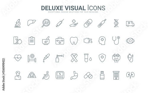 Outline medicine, pharmacy and emergency symbols, nurse and doctor in hospital, blood drop test with microscope, pills for treatment. Medical care thin black and red line icons set vector illustration