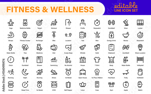 Set of fitness and wellness related line icons, wellbeing, mental health, healthcare, cosmetics, spa, medical. Outline icon collection.