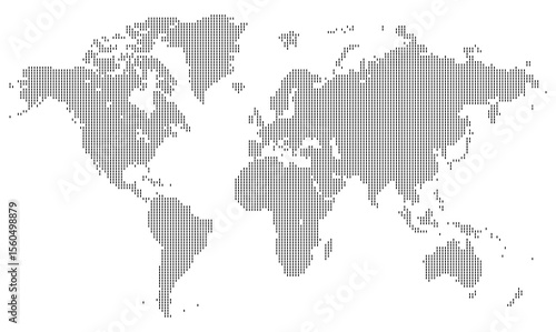 Unique vertical shape dotted world map showing north and south America, Europe, and Asia. Ideal for global business layouts. Isolated on white background for sharp clarity.