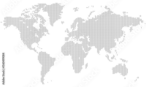 Vertical dotted world map in rectangular layout with geometric lines and halftone details. A digital representation of global continents. Ideal for business, atlas, or technology designs.