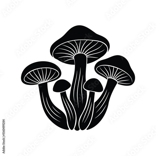 Monochrome minimalist illustration of cluster of mushrooms with gills, perfect for botanical design