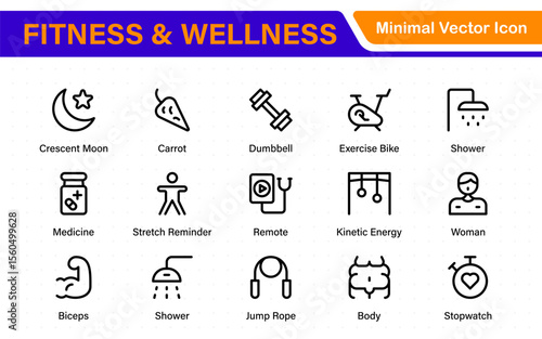 Set of fitness and wellness related line icons, wellbeing, mental health, healthcare, cosmetics, spa, medical. Outline icon collection.