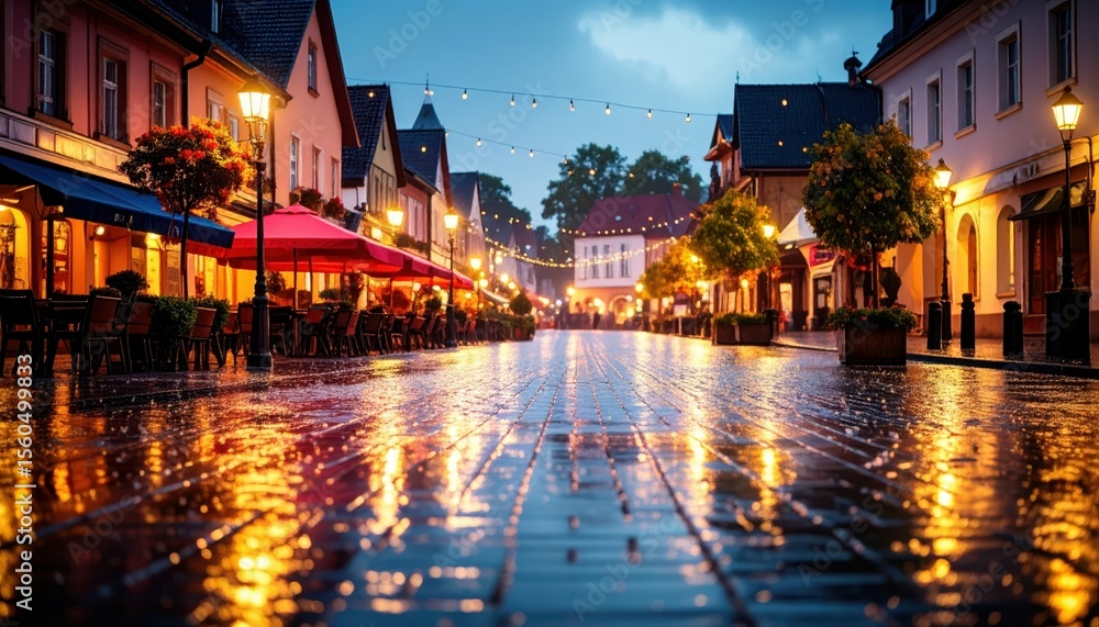 Fototapeta premium Drenched Village Square After Storm with Glowing Reflections at Dusk