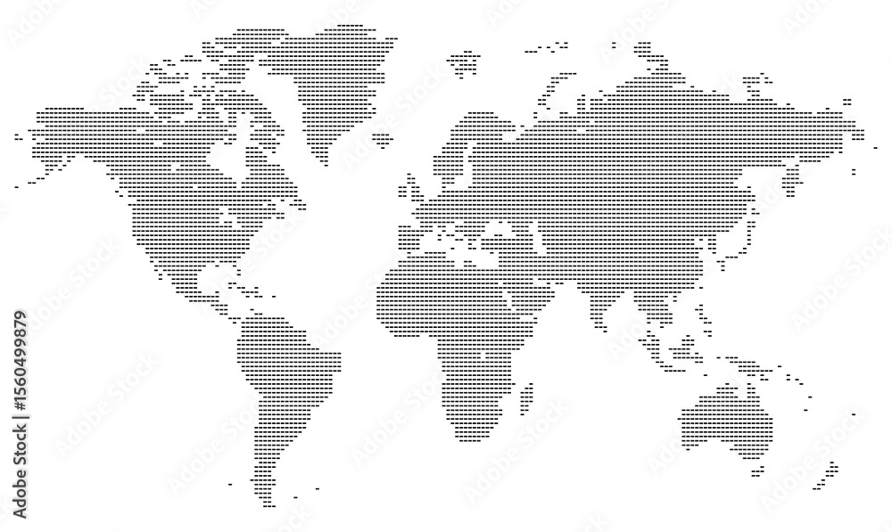 Naklejka premium A dotted map design with horizontal lines showing all continents in pixelated style. Features graphic elements of territory and land. A sleek international visual solution.