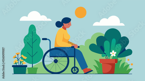 A person using a wheelchair or adaptive equipment in a garden demonstrating the accessibility of therapeutic gardening for individuals with mobility challenges.. Vector illustration