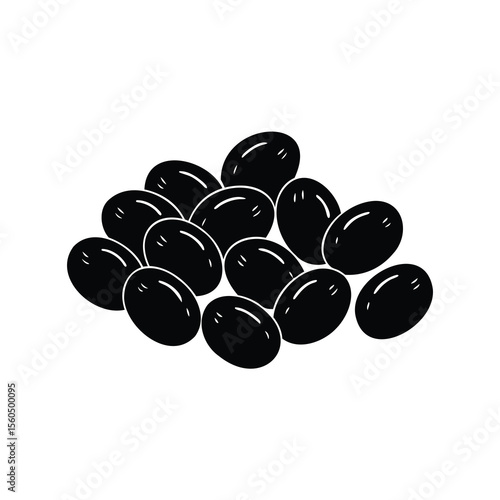 Monochrome illustration of a pile of black olives, stylized food drawing