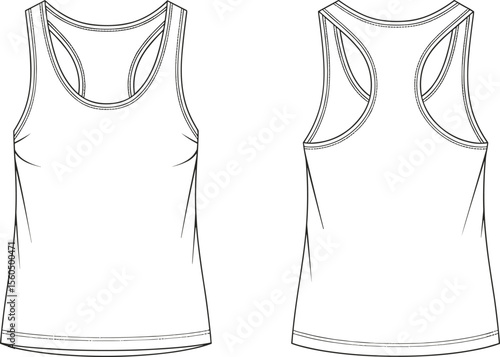 Women's Racerback Tank Top Flat Sketch Template: Front and Back Views, Ideal for Activewear Design, Casual Apparel Mockups, and Technical Fashion Illustrations.