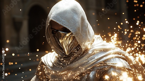 Mysterious Hooded Figure with Golden Mask and Sparkling Effects in Medieval Setting