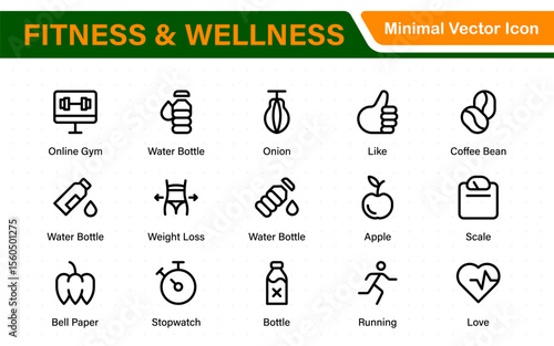 Set of fitness and wellness related line icons, wellbeing, mental health, healthcare, cosmetics, spa, medical. Outline icon collection.
