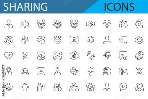 Set of icons illustrating communication and sharing, with people collaborating and exchanging ideas in a digital context.