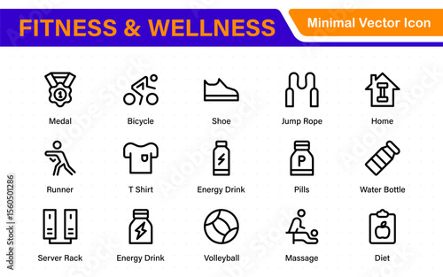 Set of fitness and wellness related line icons, wellbeing, mental health, healthcare, cosmetics, spa, medical. Outline icon collection.