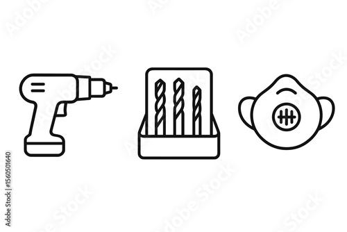Outline icons of drill, drill bits, and respirator mask for safety and tools vector icon isolated illustration