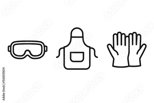 Safety icons: goggles, apron, gloves line art for protection vector icon isolated illustration